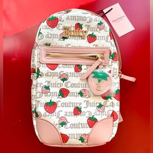NWT Juicy Couture Strawberry Print Sling Backpack Bag Pink Ivory & Gold 11x7x2”
